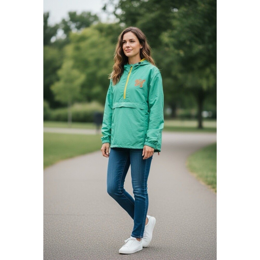 Dutch Bros Windbreaker Jacket Large Teal Yellow 1/2 Zip Hoodie Oregon